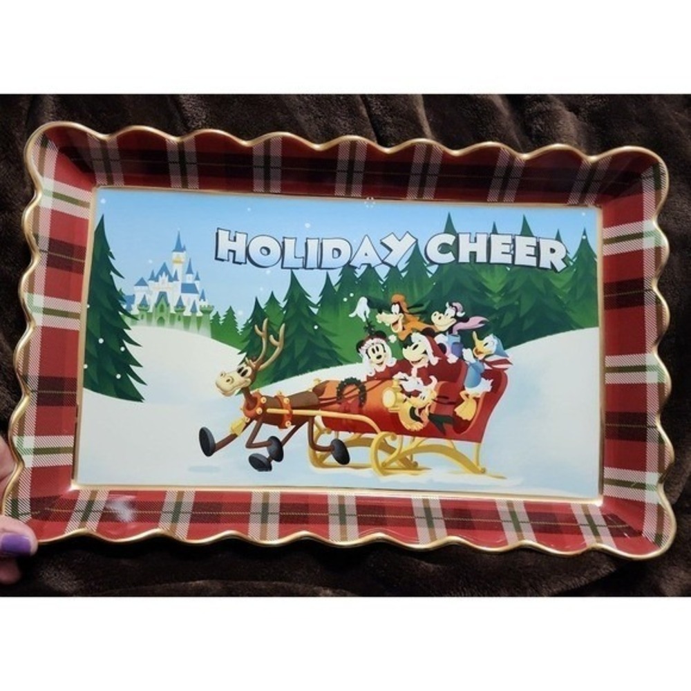 Disney Parks Holiday Cheer Mickey Minnie Sleigh Plaid Scalloped Serving Tray New